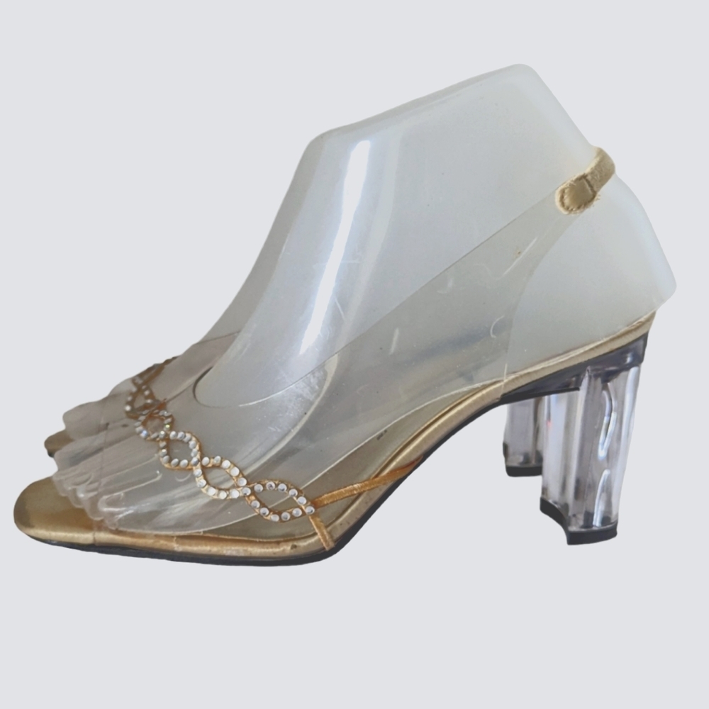 Vintage Clear Plastic Rhinestone Cinderella Lucite Heel Peep Toe Sandals Shoes 6